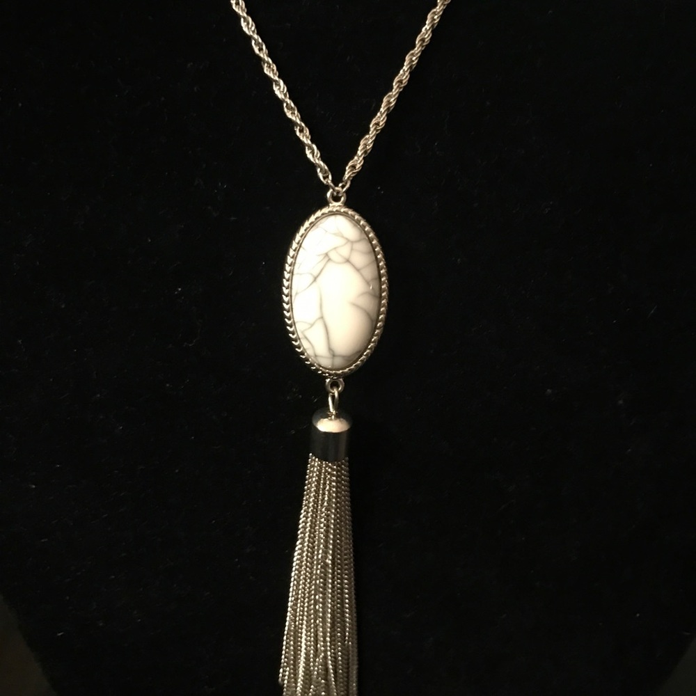 White and silver tassel necklace